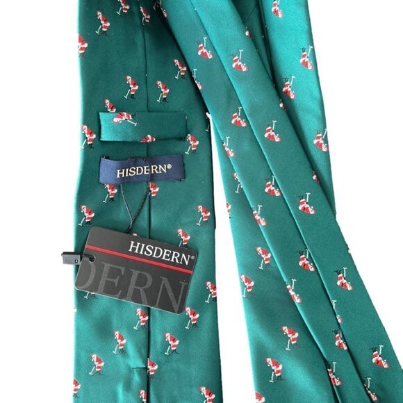 NWT Hisdern Men's Green Tie with Golfing Santa. NEW - Picture 2 of 3